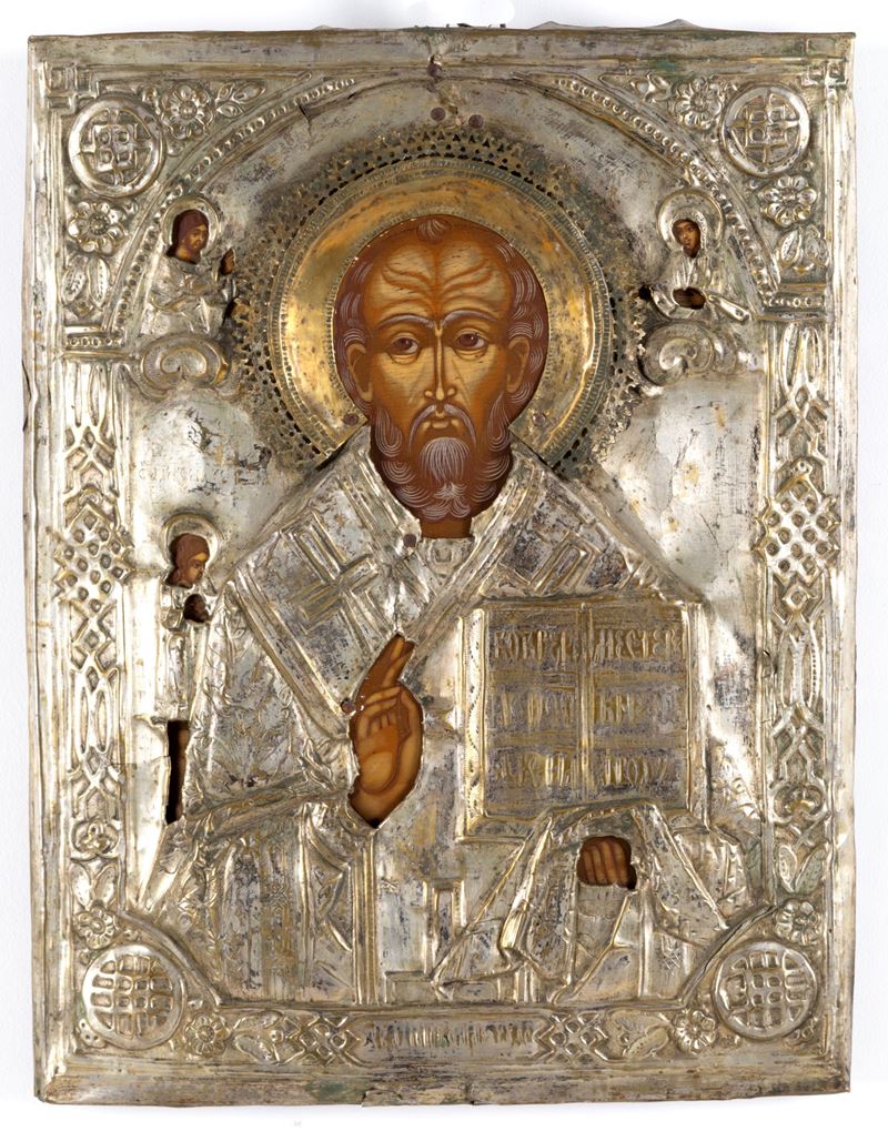 Icona russa, San Nicola Taumaturgo con riza, tempera su tavola (fine XIX secolo)