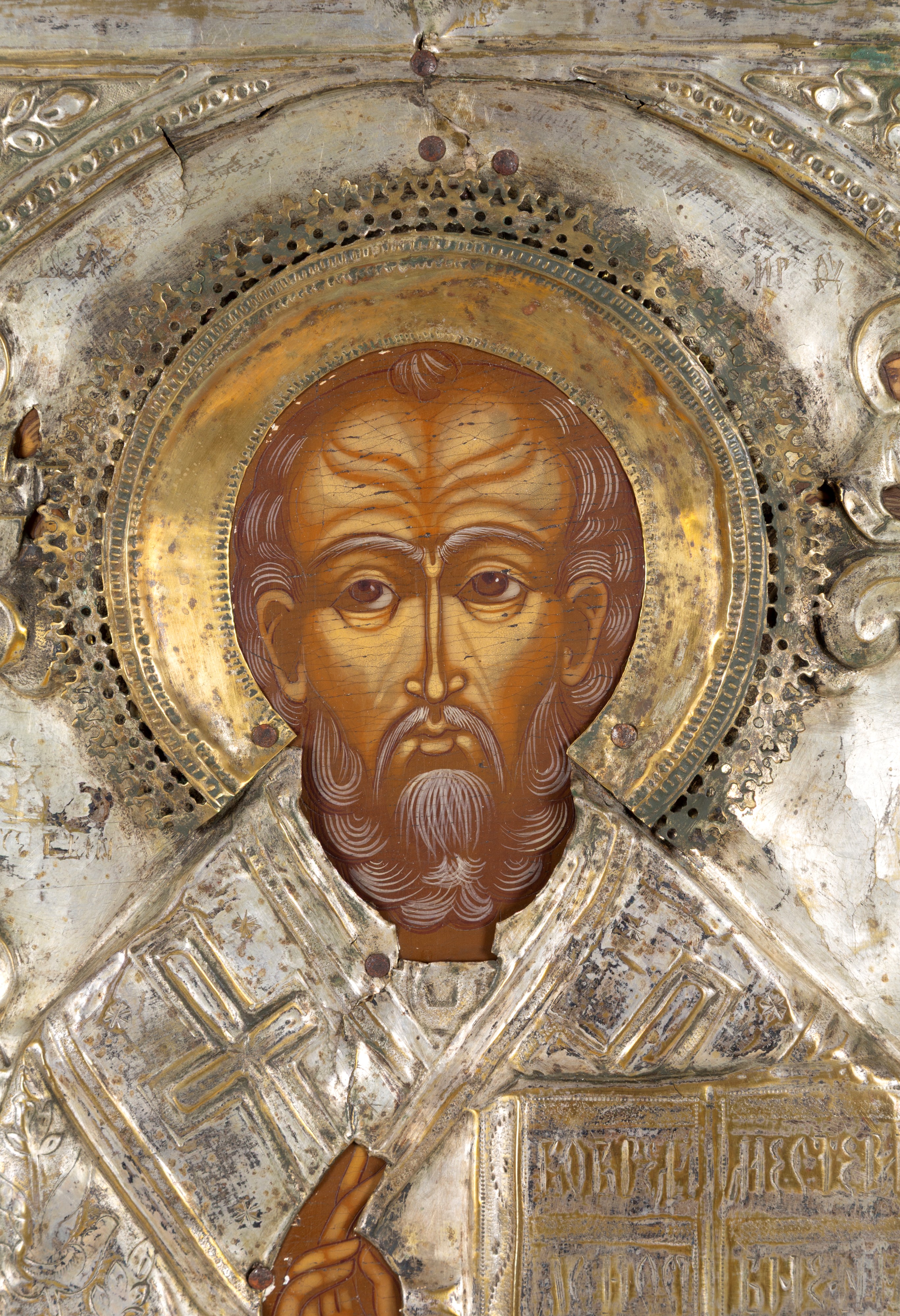 Icona russa, San Nicola Taumaturgo con riza, tempera su tavola (fine XIX secolo)