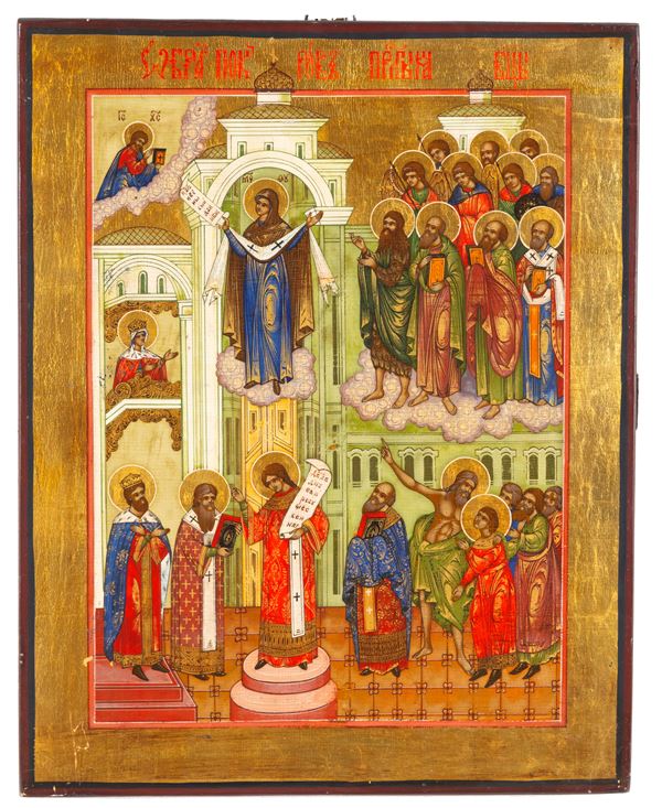 Russian icon depicting the Protection of the Mother of God