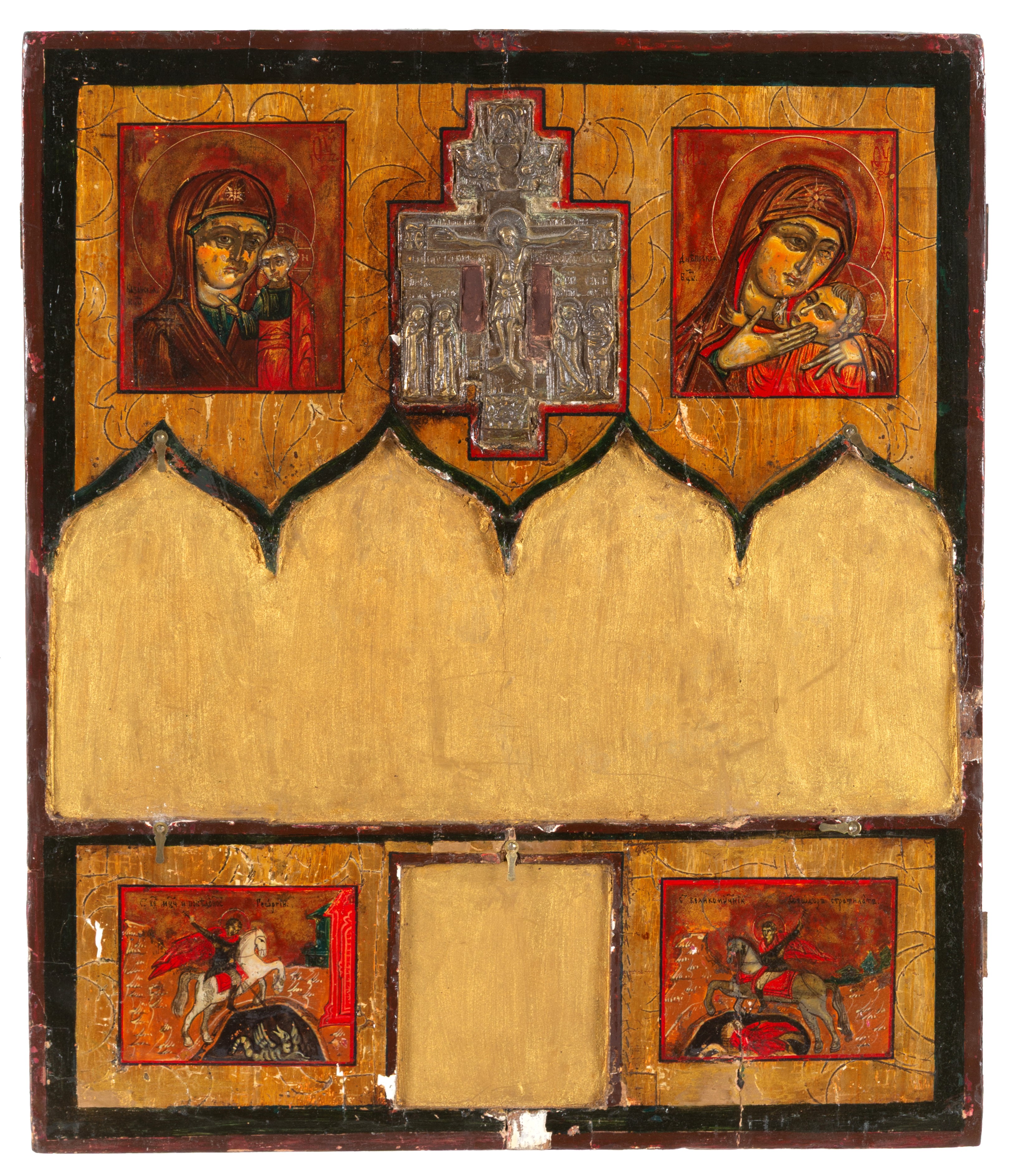 Fine XIX secolo, Complesso devozionale ortodosso (kiot) con skladen' da viaggio, croce e placche ...