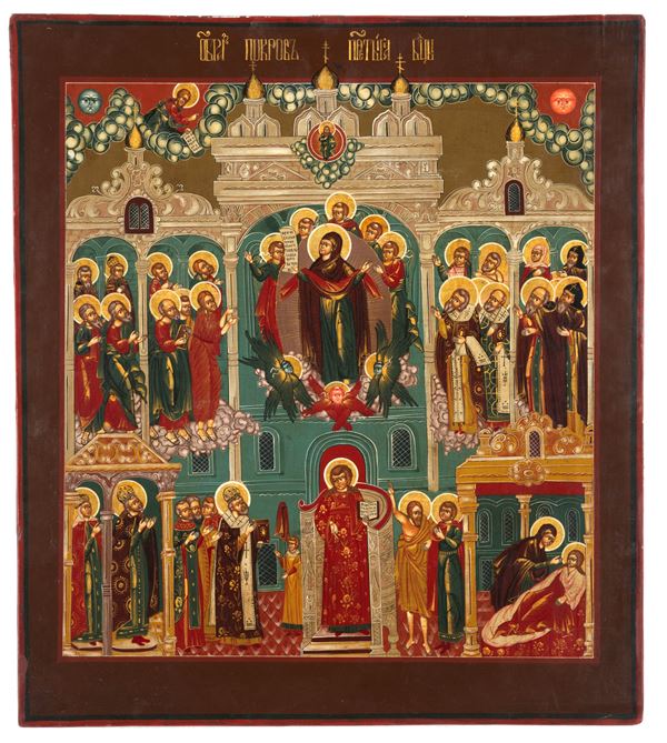 Russian icon depicting the Protection of the Mother of God