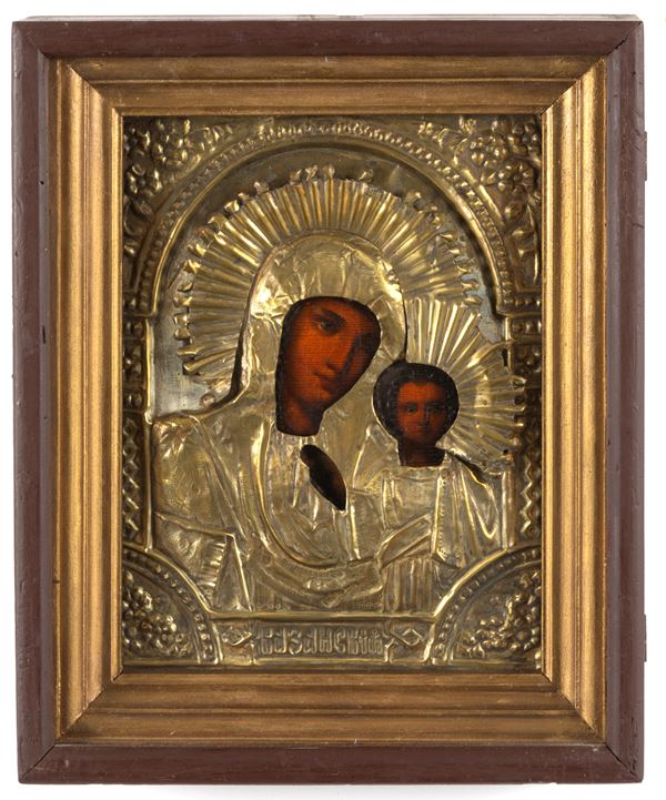 Russian Icon depicting the Mother of God of Kazan with riza