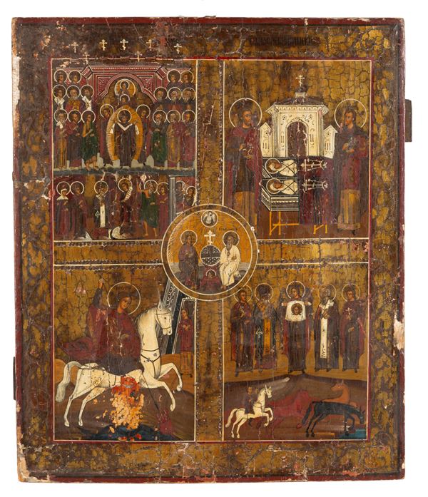Russian Icon with the New Testament Trinity, the Mother of God Joy of All Who Sorrow, Saint George, and Saints