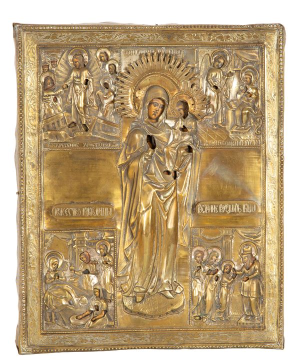 Russian icon depicting the Mother of God “Truly Worthy” with scenes from the lives of Christ and the Virgin Mary