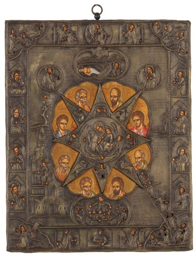 Icona russa, Madre di Dio del Roveto Ardente (Neopalimaja Kupina), tempera su tavola con riza in ...