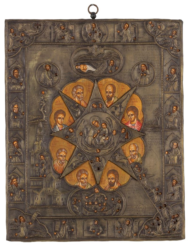 Icona russa, Madre di Dio del Roveto Ardente (Neopalimaja Kupina), tempera su tavola con riza in ...
