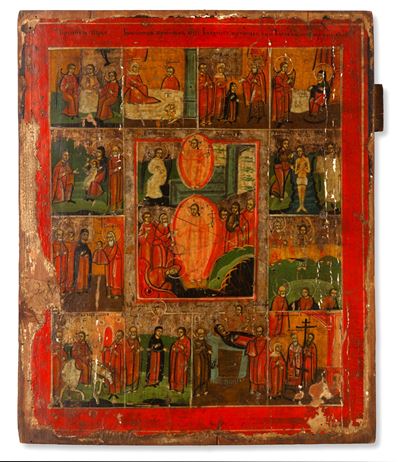 Icona russa del Dodekaorton con la Resurrezione di Cristo (Discesa agli Inferi), tempera su tavol...