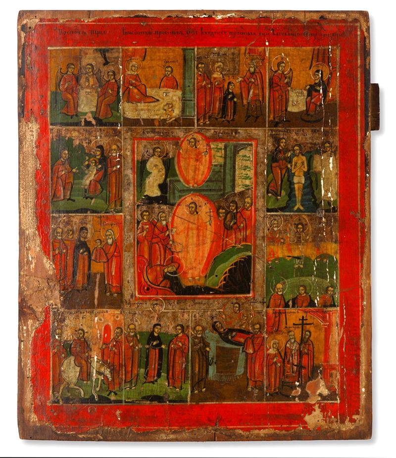 Icona russa del Dodekaorton con la Resurrezione di Cristo (Discesa agli Inferi), tempera su tavol...