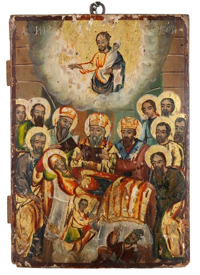 Icona russa, Dormizione della Madre di Dio (Uspenie Presvjatoj Bogorodicy), tempera su tavola