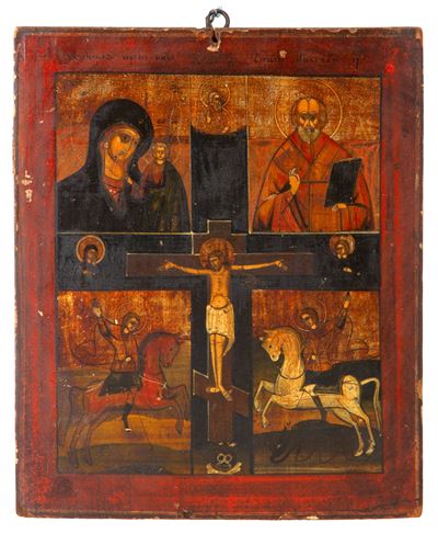 Icona russa, Crocifissione di Cristo con Madre di Dio di Kazan, San Nicola Taumaturgo e santi Flo...