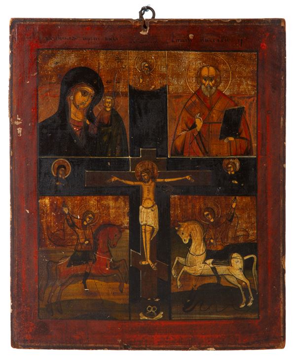 Icona russa raffigurante la Crocifissione di Cristo con la Madre di Dio di Kazan, San Nicola Taumaturgo e santi Floro e Lauro 