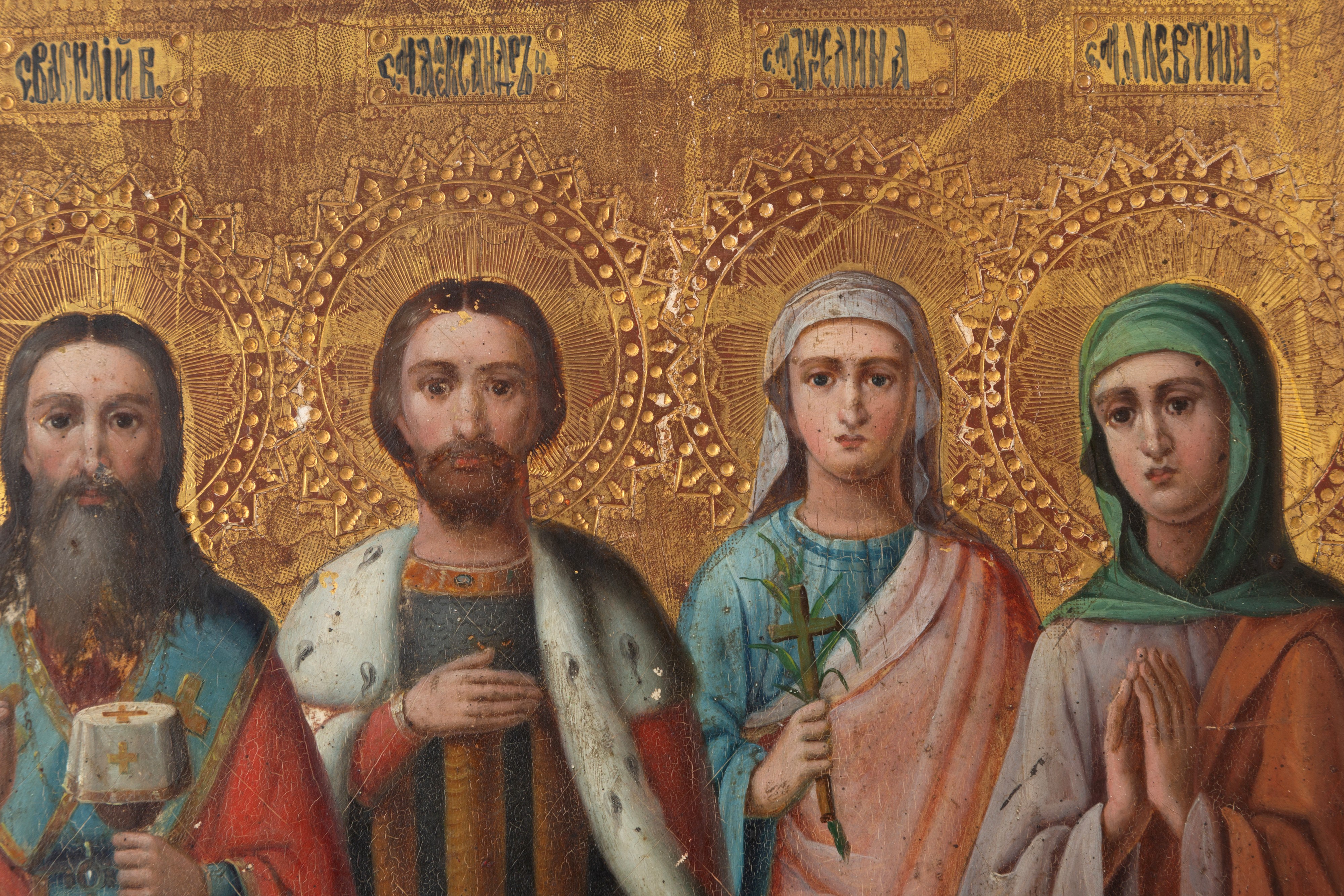 Icona russa, Quattro santi stanti, tempera su tavola (seconda metà del XIX secolo)