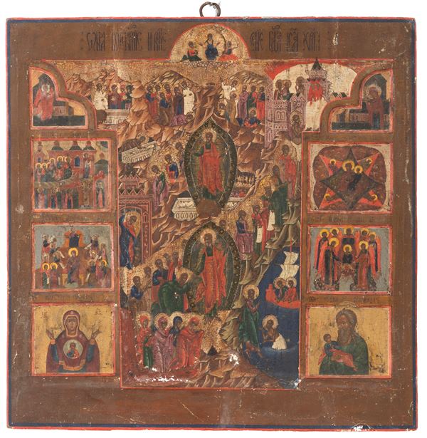 Icona russa raffigurante Discesa agli Inferi con Feste, Madre di Dio del Segno e San Cristoforo