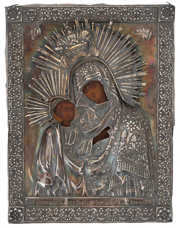 Russian Icon Depicting the Mother of God of Iver with a Silver Riza
