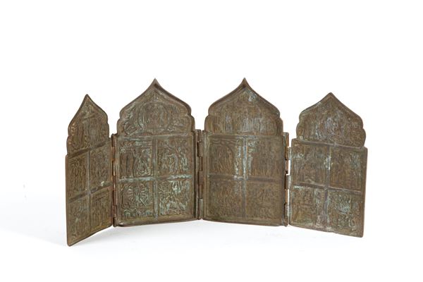Travel polyptych depicting the Twelve Orthodox Feasts and four miraculous apparitions of the Virgin