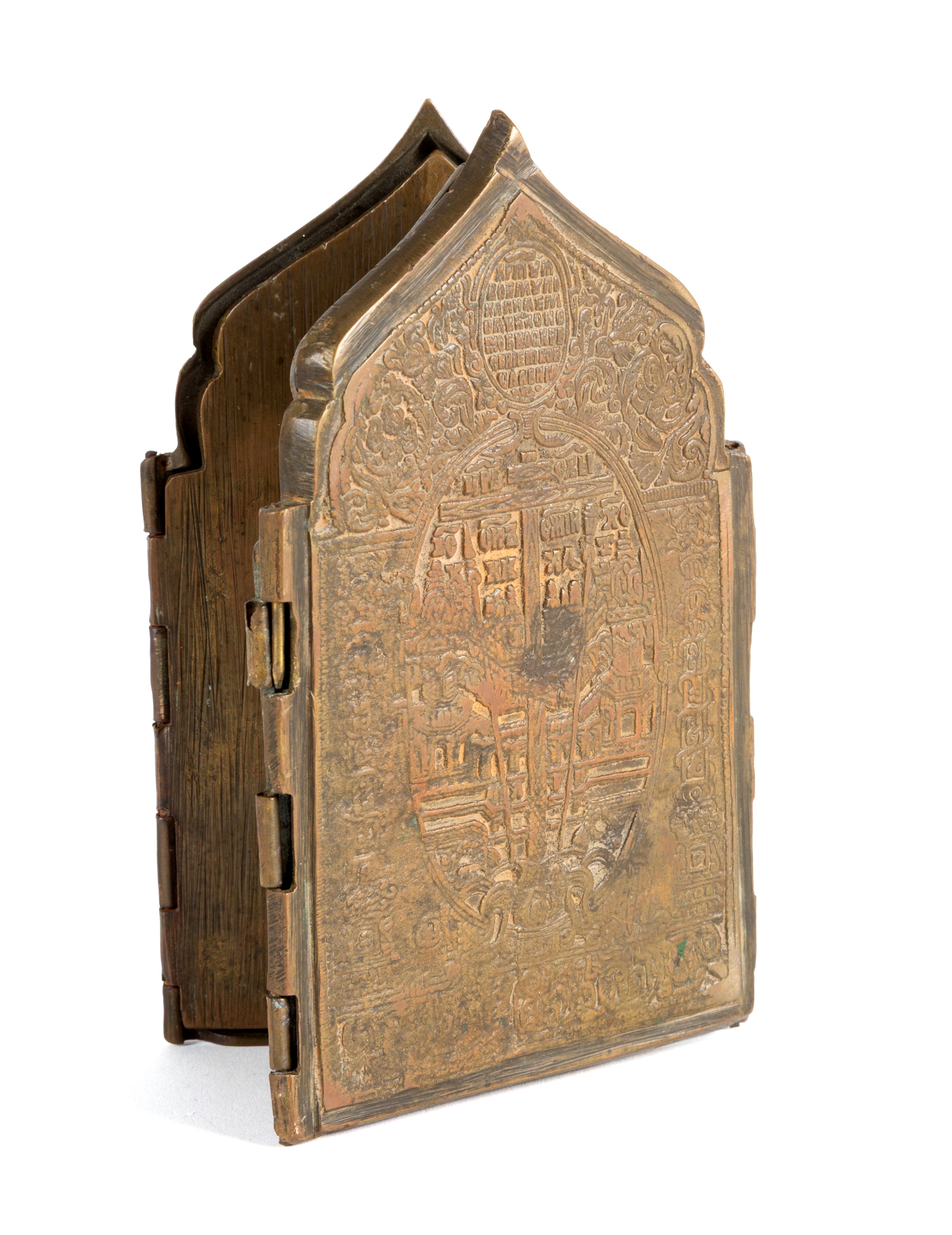 XIX secolo, Polittico da viaggio in fusione di bronzo raffigurante le Dodici Grandi Feste ortodos...