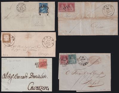 A.S.I., Storia postale: piccolo insieme di 5 lettere (1852)