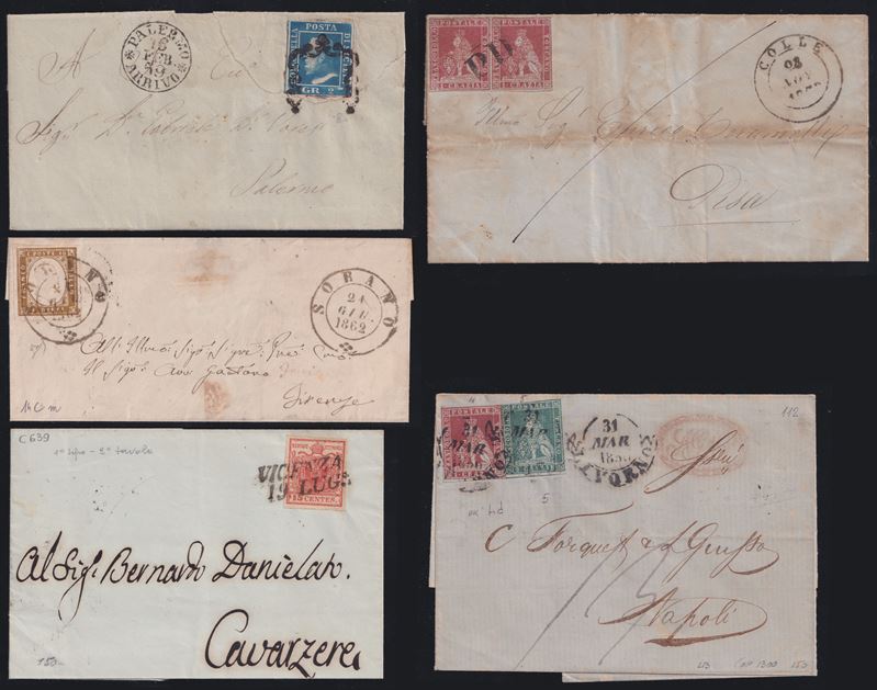 A.S.I., Storia postale: piccolo insieme di 5 lettere (1852)