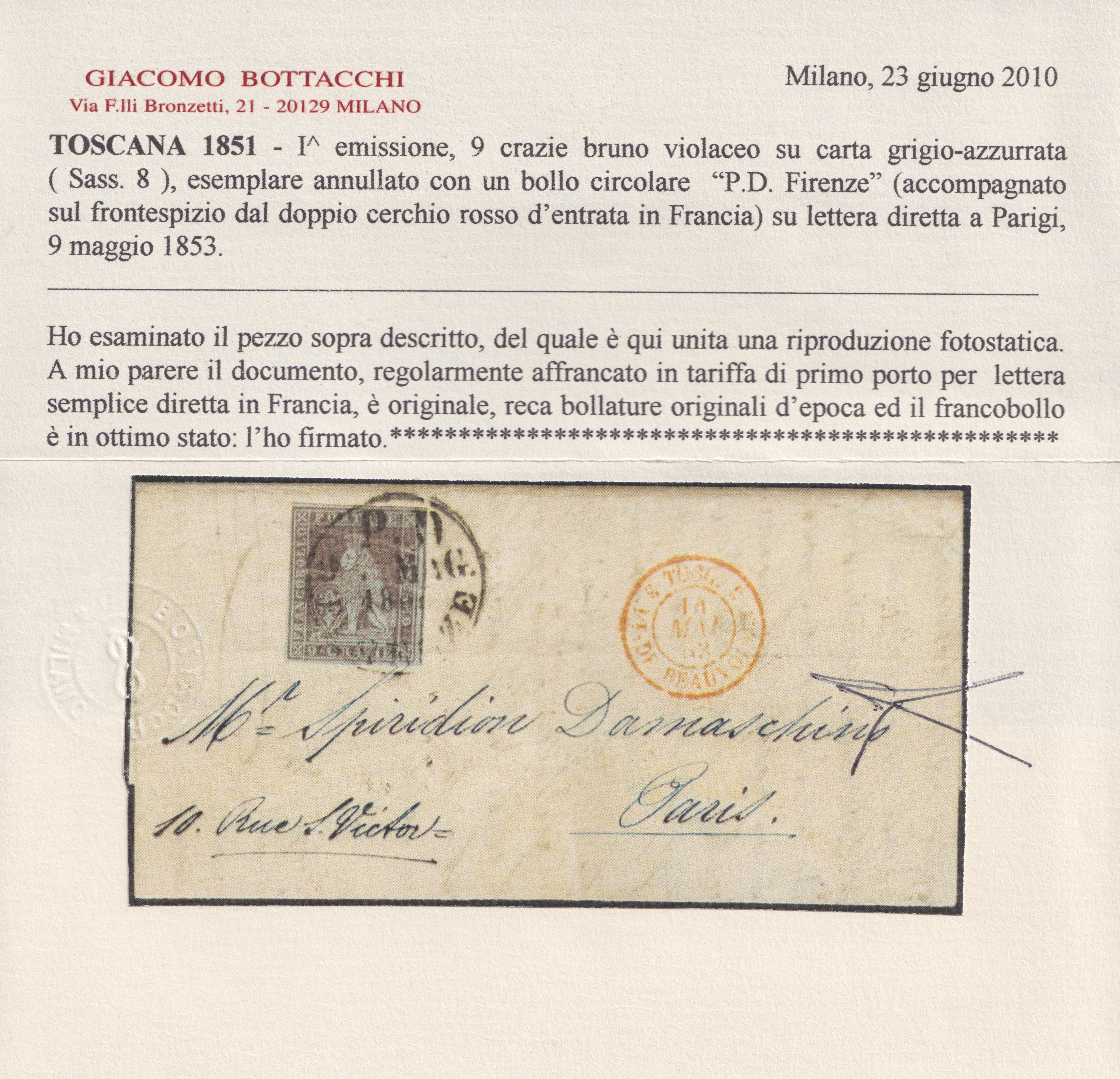 Non identificato, Toscana: storia postale, francobollo 9 centesimi (8) isolato su lettera per Par...