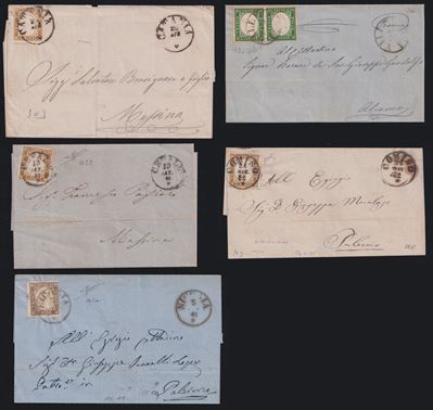 Collezione di annullamenti sardo-siciliani, 5 lettere affrancate con IV emissione di Sardegna (18...