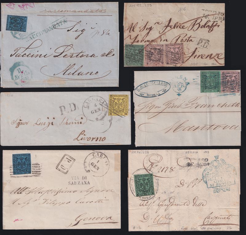 Storia postale modenese, insieme con due assicurate affrancate e quattro buste extra-ducato (1852...