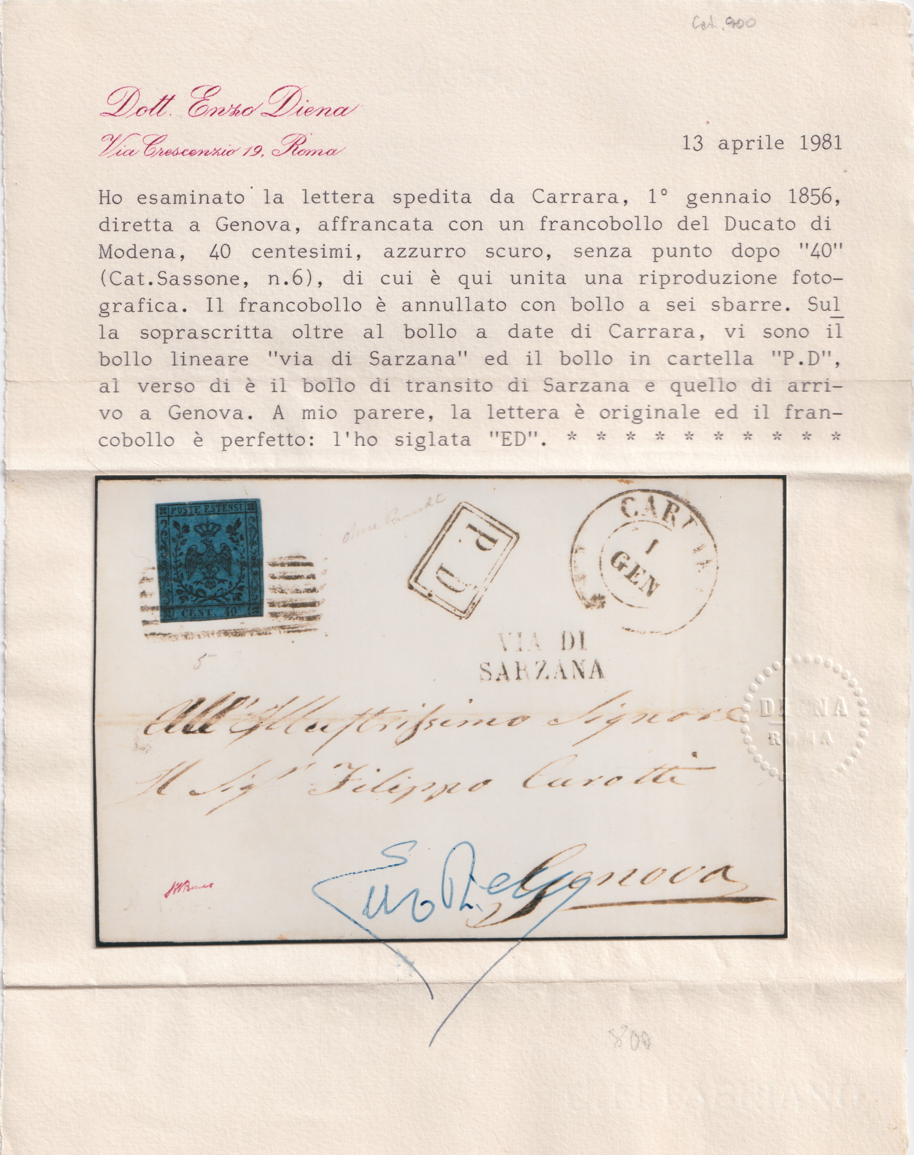 Storia postale modenese, insieme con due assicurate affrancate e quattro buste extra-ducato (1852...