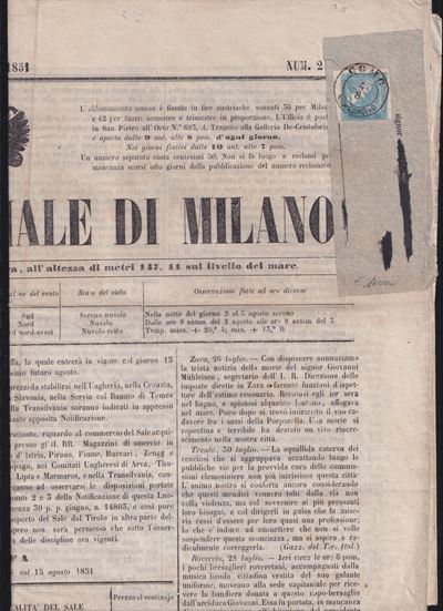Regno Lombardo-Veneto, Francobollo 3 centesimi celeste con carta costolata, su giornale «Gazzetta...