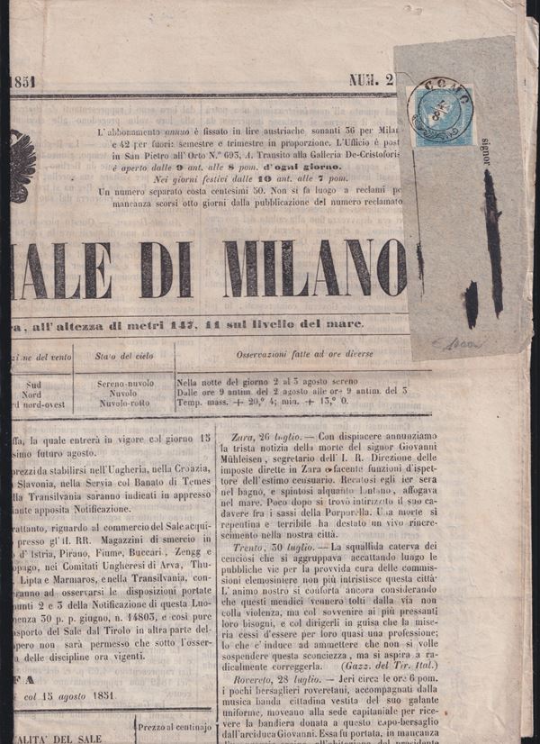 L. Veneto - F. for Newspapers, 3 cent. light blue with ribbed paper on newspaper.