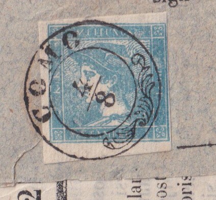 Regno Lombardo-Veneto, Francobollo 3 centesimi celeste con carta costolata, su giornale «Gazzetta...
