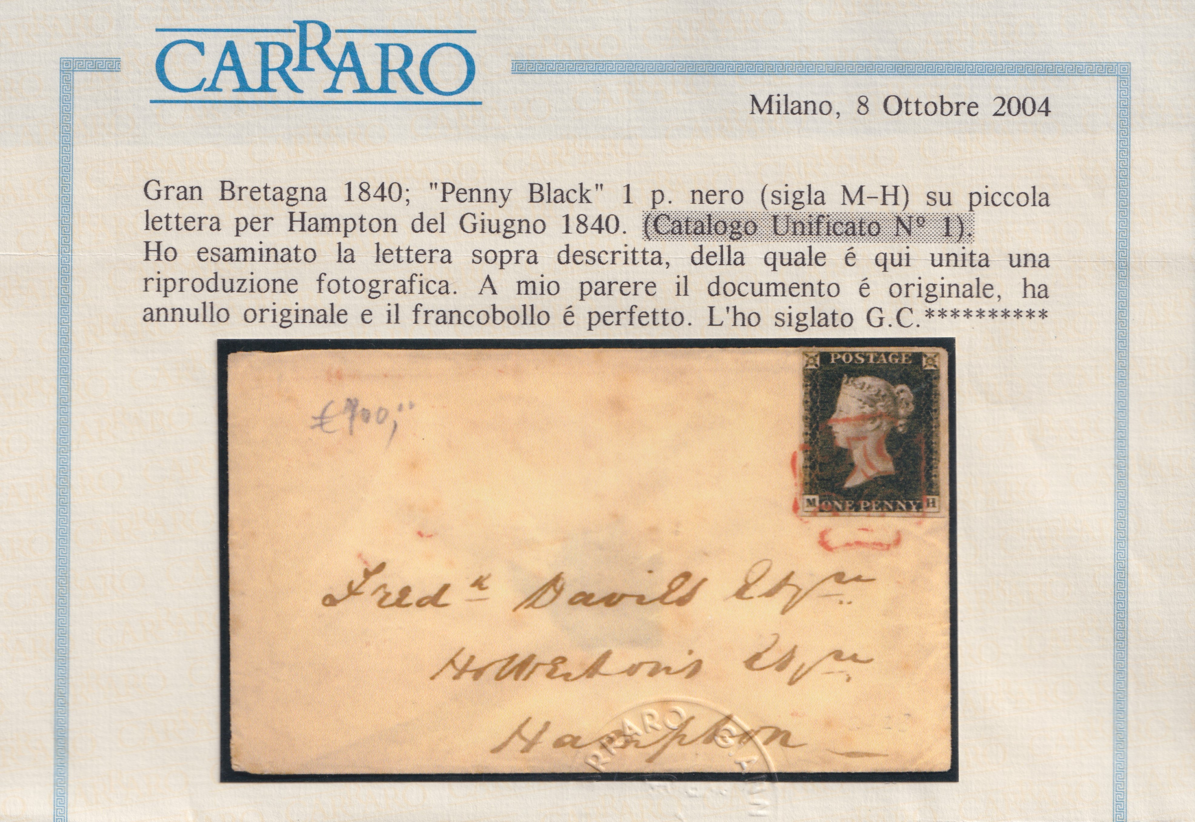 Gran Bretagna, Penny Black n.1 su lettera datata 13 giugno 1840 (1 pence nero)