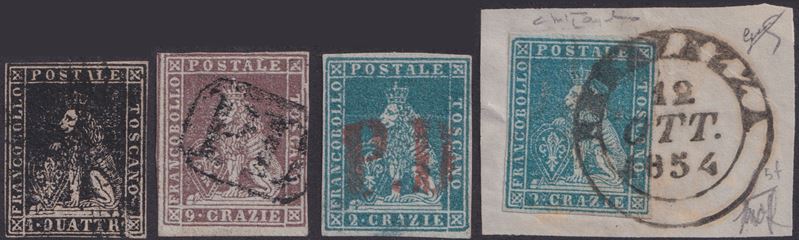 Toscana, insieme filatelico di 4 esemplari (1854 circa) con tre certificati