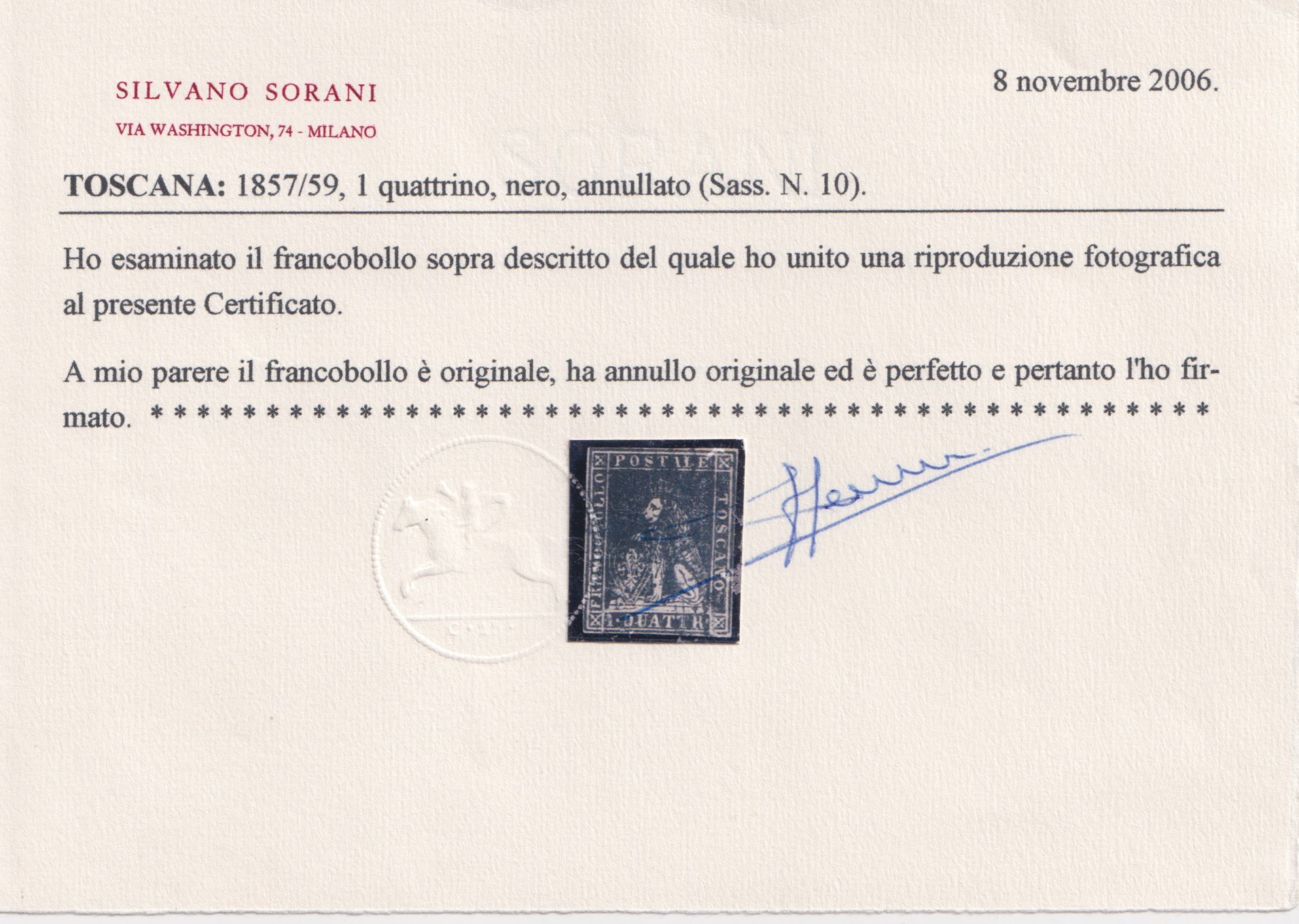 Toscana, insieme filatelico di 4 esemplari (1854 circa) con tre certificati