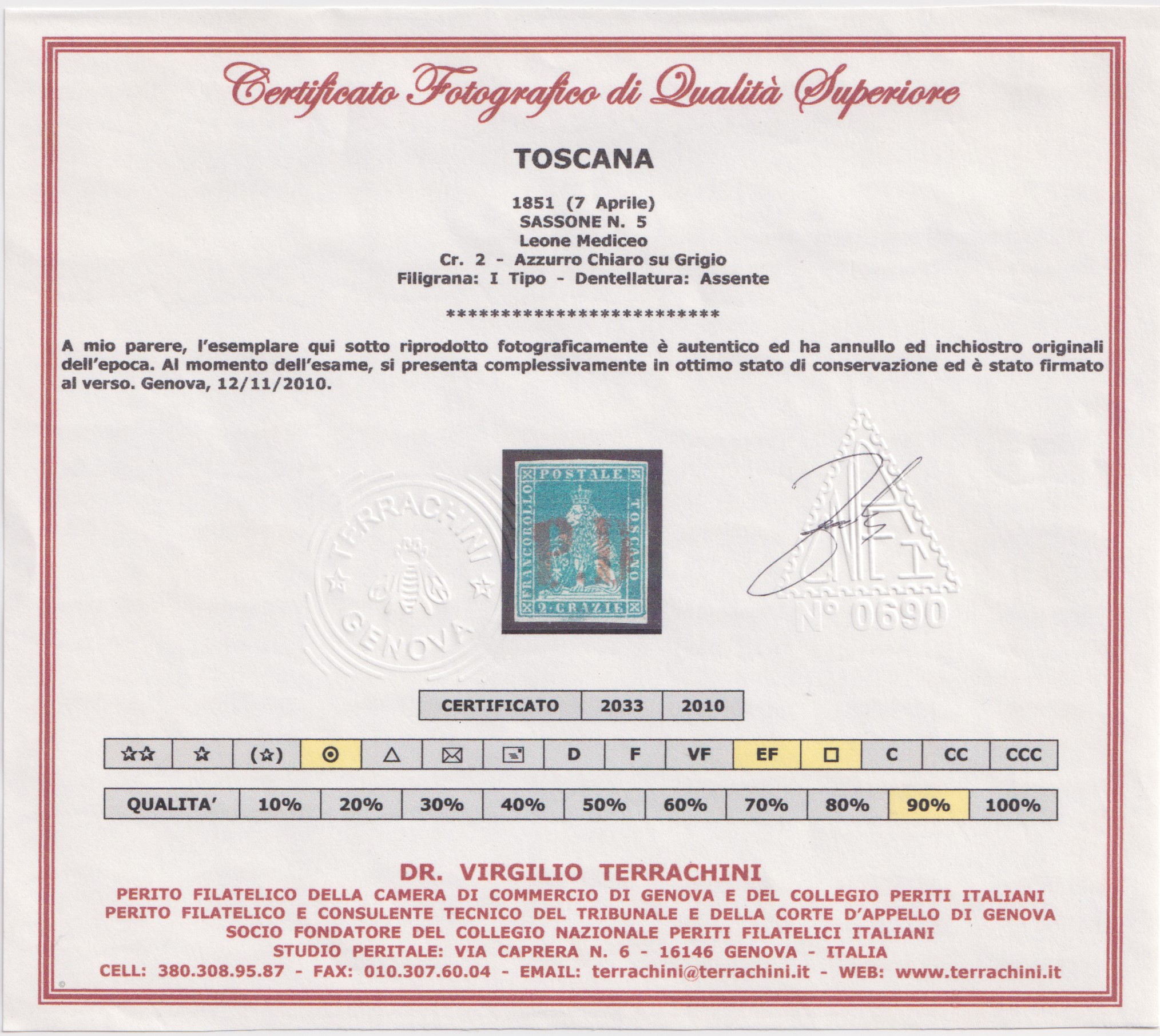 Toscana, insieme filatelico di 4 esemplari (1854 circa) con tre certificati