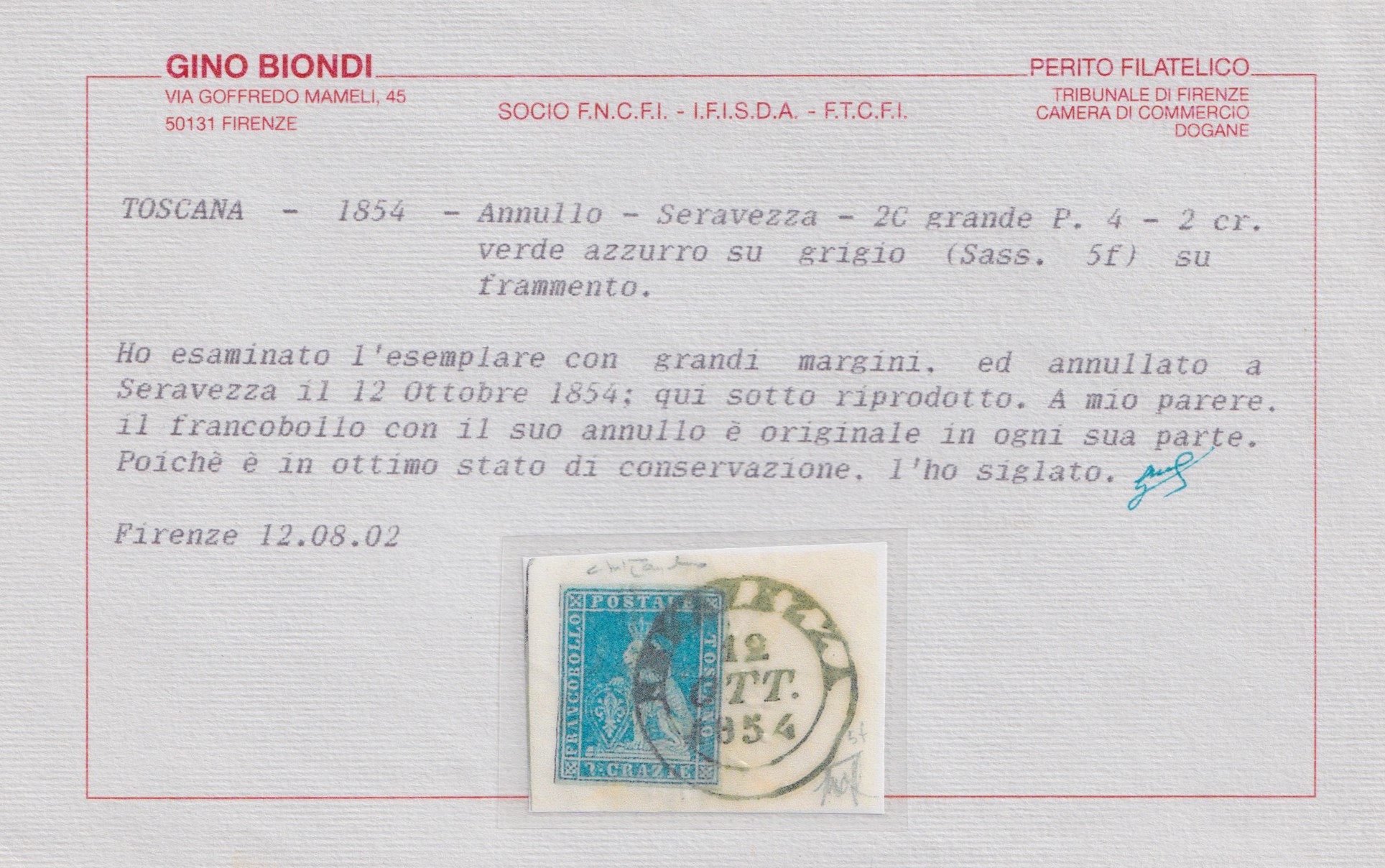 Toscana, insieme filatelico di 4 esemplari (1854 circa) con tre certificati