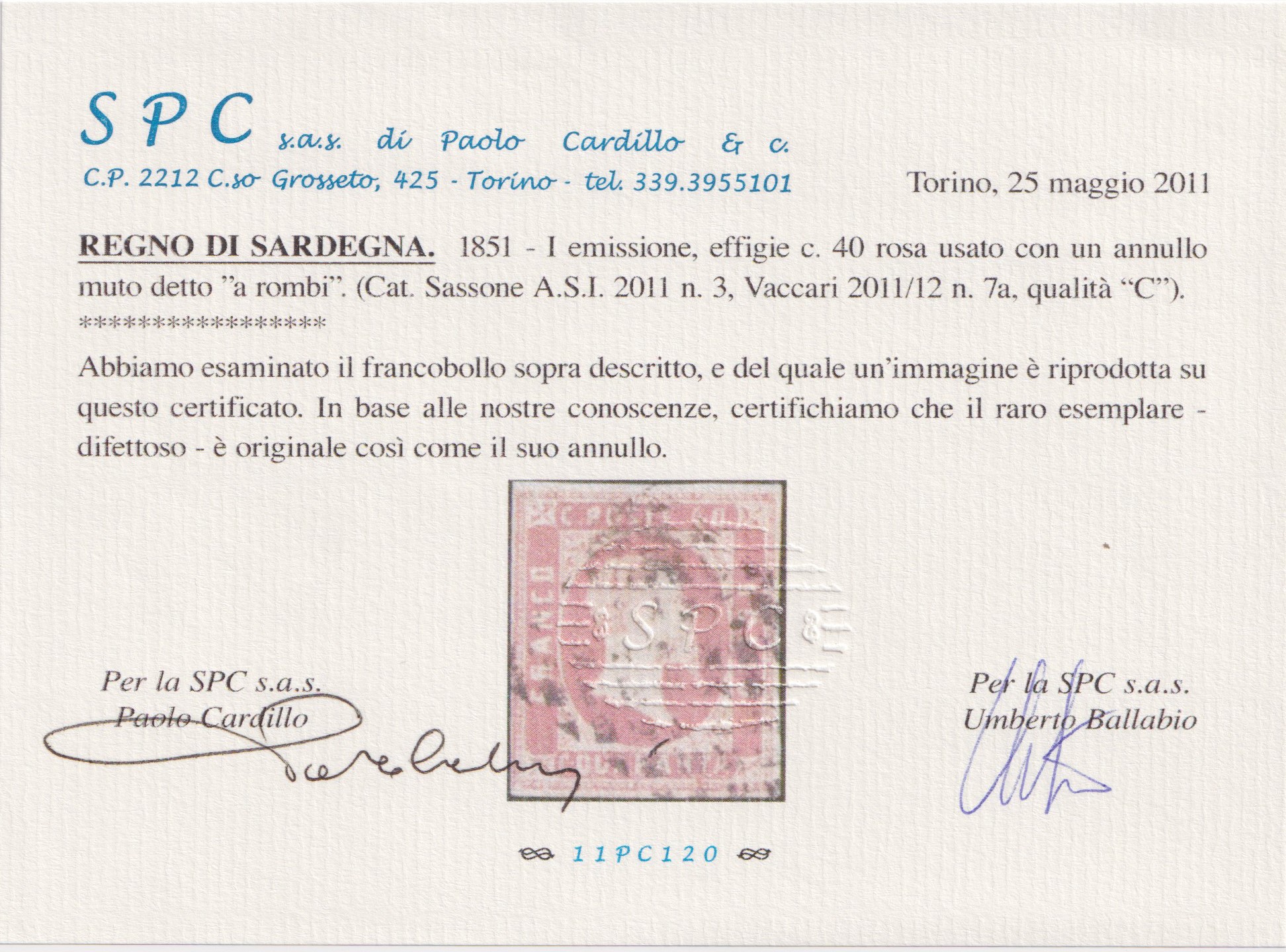 Sardegna, I emissione — 40 centesimi rosa, francobollo usato