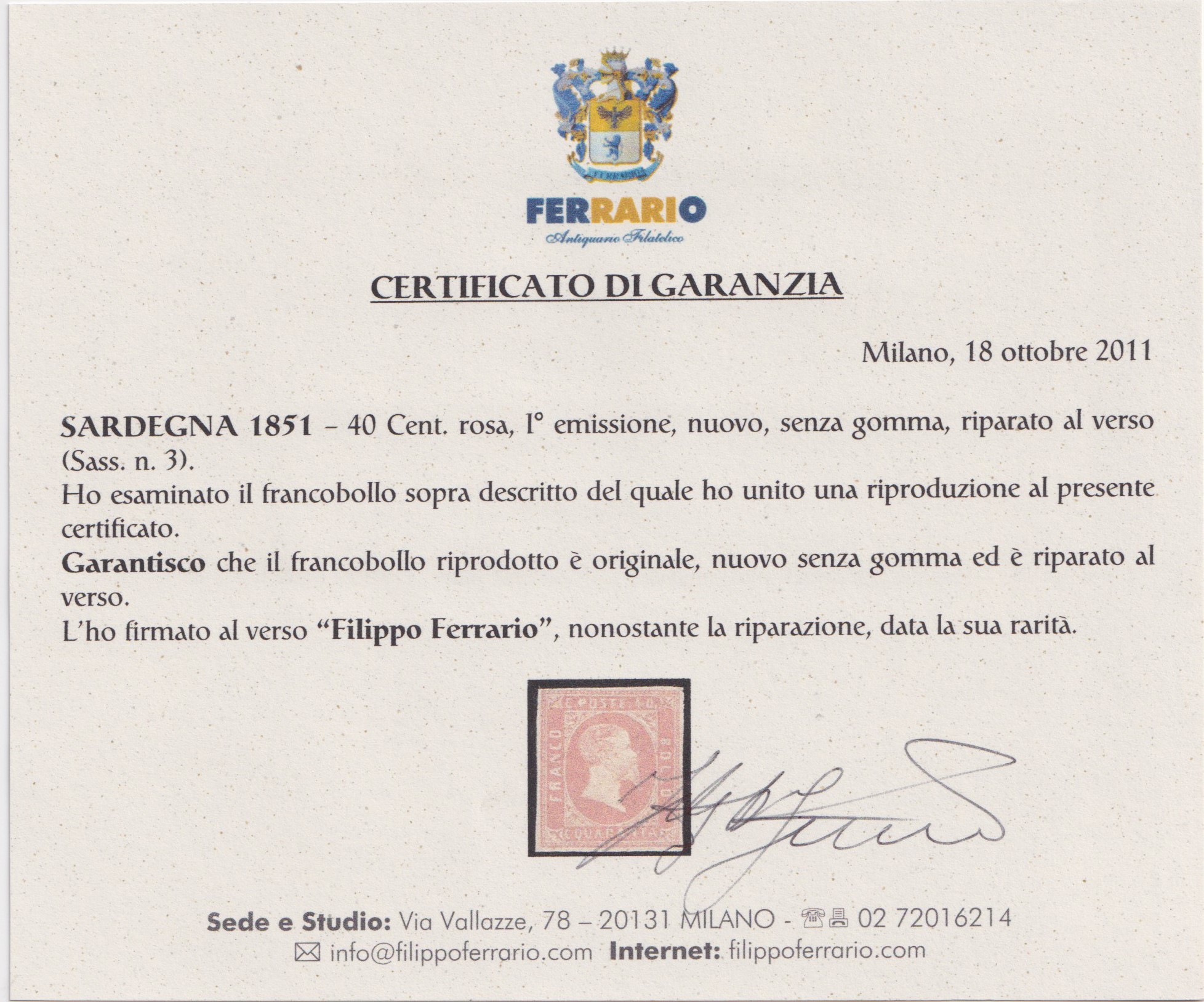 Sardegna, I emissione — 40 centesimi rosa (nuovo, senza gomma)