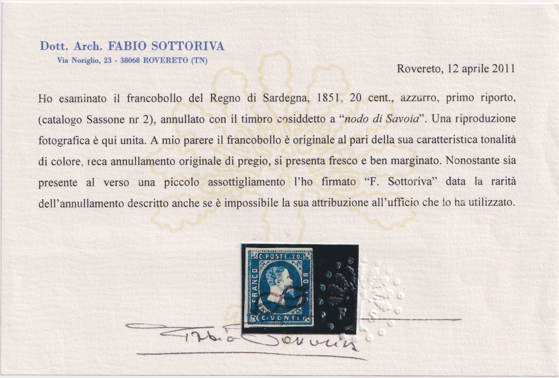 Francobollo da 20 centesimi, I tiratura “Azzurro vivo”, Sardegna (I emissione), annullato “Nodo d...