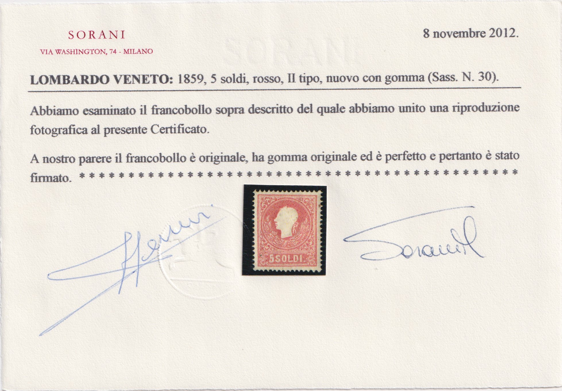 L. Veneto, II emissione: 5 soldi (II tipo, n. 30) con gomma, ben centrato