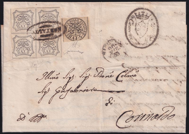 Pontificio, Lettera postale del 20.03.1855 con affrancatura mista a blocco di quattro (8baj) e fr...