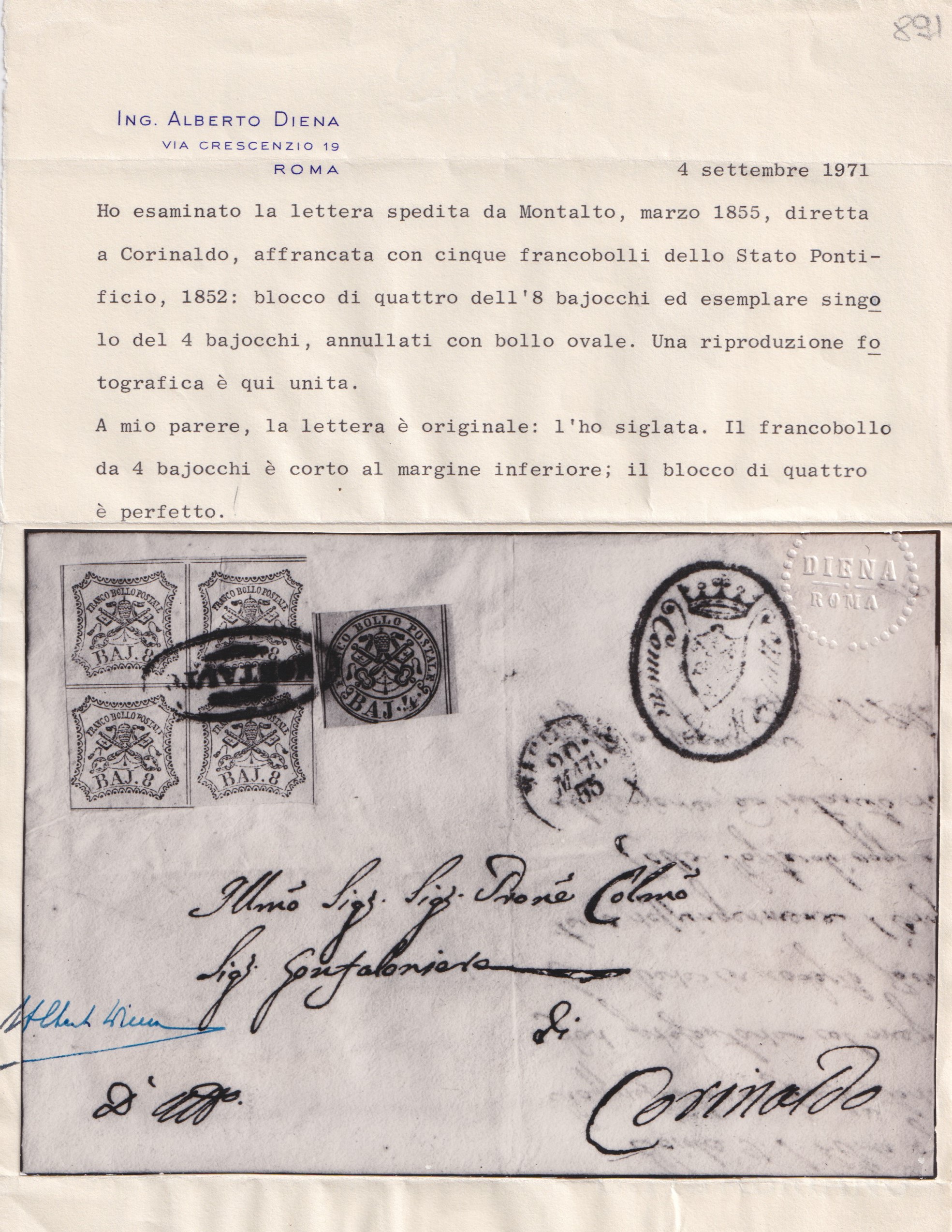 Pontificio, Lettera postale del 20.03.1855 con affrancatura mista a blocco di quattro (8baj) e fr...