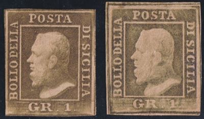 Francobolli, Sicilia 1gr. II tav., Carta di Napoli: due esemplari con gomma (nn. 4b e 4d)