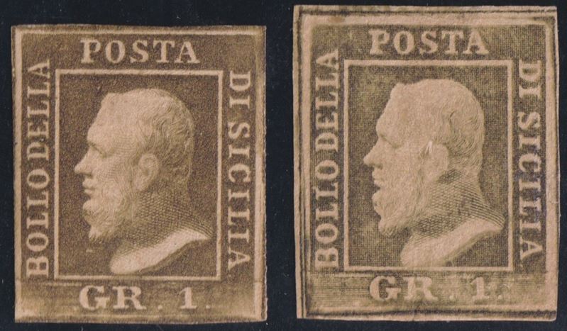Francobolli, Sicilia 1gr. II tav., Carta di Napoli: due esemplari con gomma (nn. 4b e 4d)