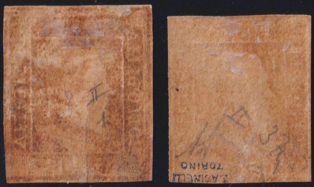Francobolli, Sicilia 1gr. II tav., Carta di Napoli: due esemplari con gomma (nn. 4b e 4d)
