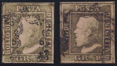 Raccolta di francobolli, Sicilia 1859 – 1 gr. II tavola oliva grigiastro e oliva, carta di Napoli...