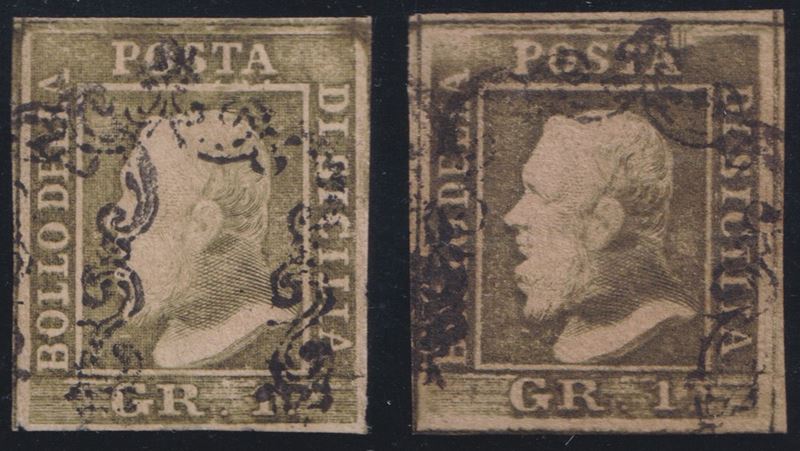 Raccolta di francobolli, Sicilia 1859 – 1 gr. II tavola oliva grigiastro e oliva, carta di Napoli...