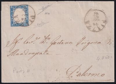 Francobollo 15 cent., azzurro grigio, n. 11e su lettera da Piazza per Palermo (cerchio di Piazza ...