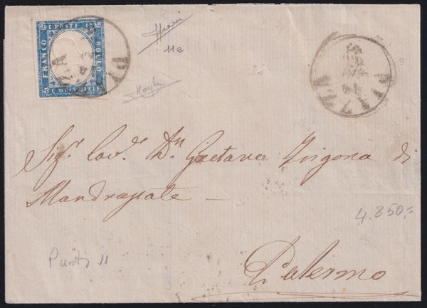 Kingdom - 15 cent. blue grey no. 11e on letter from Piazza to Palermo