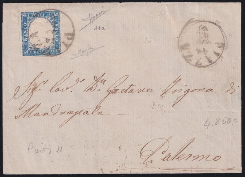 Francobollo 15 cent., azzurro grigio, n. 11e su lettera da Piazza per Palermo (cerchio di Piazza ...