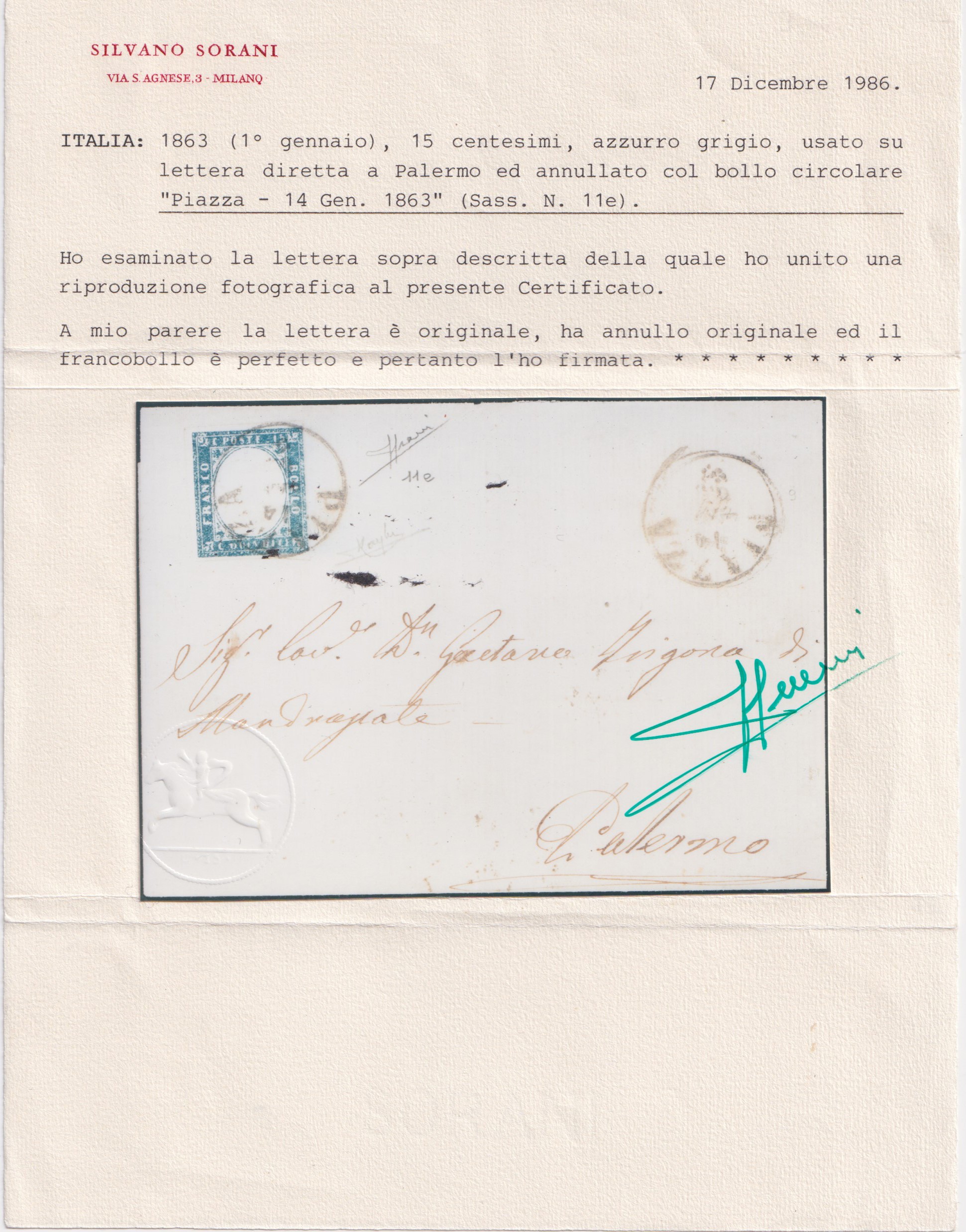 Francobollo 15 cent., azzurro grigio, n. 11e su lettera da Piazza per Palermo (cerchio di Piazza ...