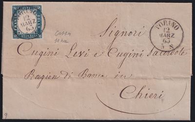 Regno d’Italia, Lettera del 13 marzo 1863 da Torino a Chieri con 15 cent. azzurro verdastro (n. 1...